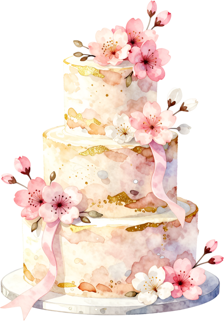 Cherry blossom three-tier wedding cake with pink ribbon, a festive watercolor PNG clipart for spring