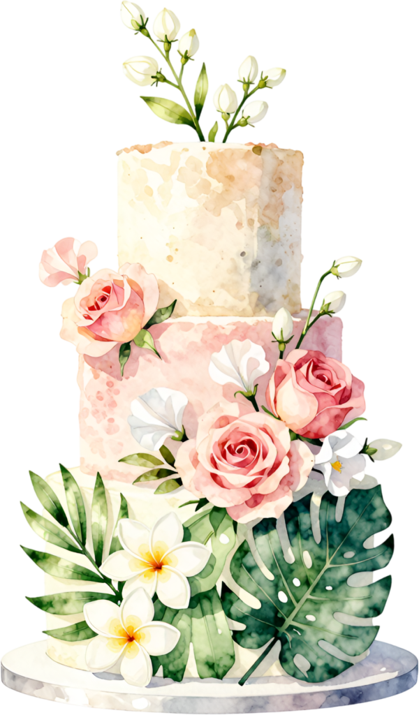 Tropical leaf three-tier wedding cake with pink roses, a unique watercolor PNG clipart for themes