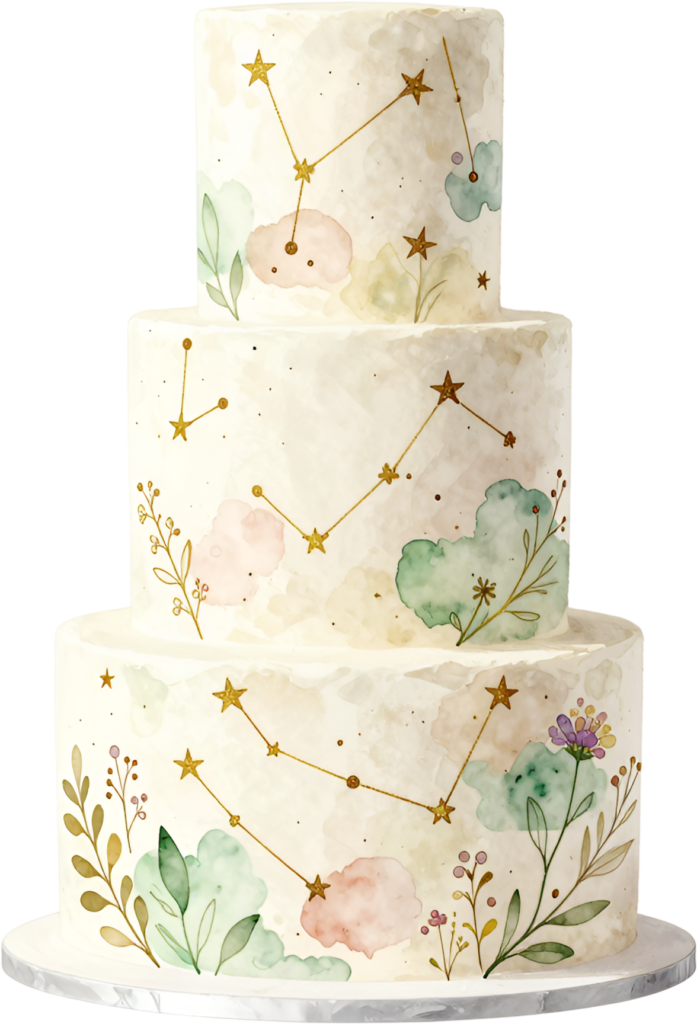 Celestial three-tier cake, dreamy watercolor wedding cake design, whimsical starry night PNG illustration for celebration