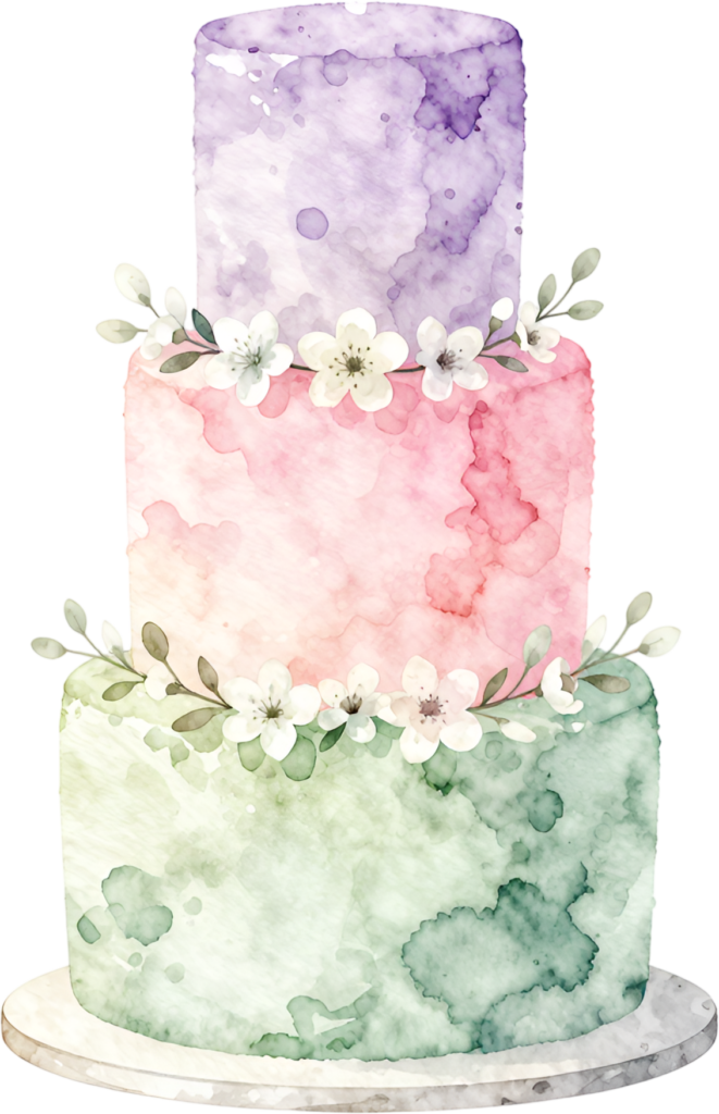 Gradient watercolor cake, stunning three-tier wedding cake PNG illustration, floral pastel celebration design