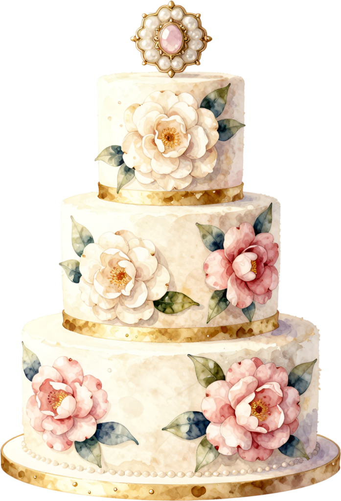 Elegant floral cake, luxurious three-tier watercolor wedding cake illustration PNG, vintage jewel design