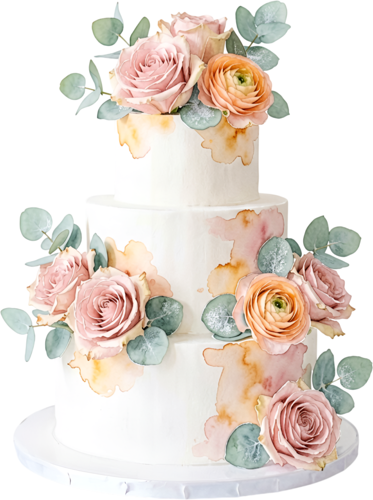 Blush floral cake, exquisite three-tier watercolor wedding cake PNG illustration, eucalyptus rose design kit