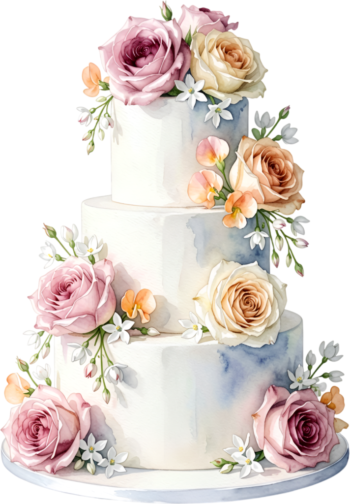 Square tiered cake, modern watercolor wedding cake PNG illustration, romantic rose floral design