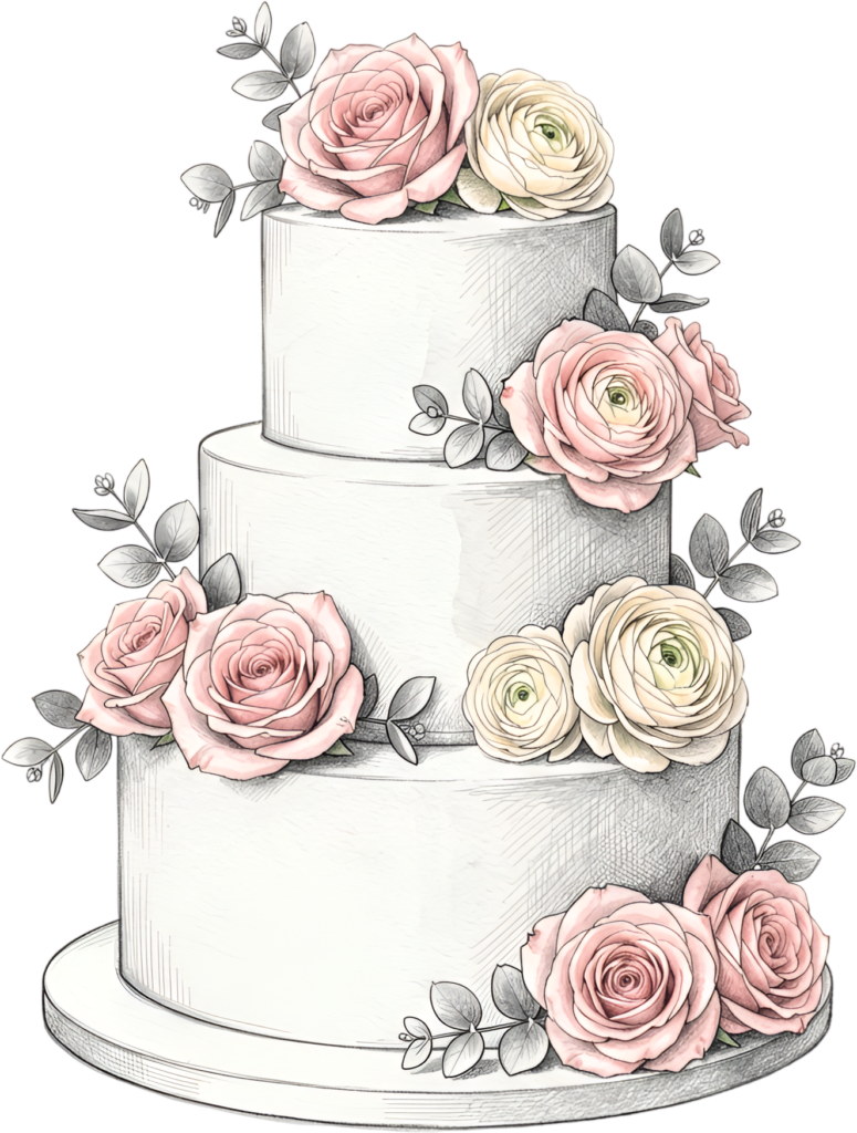 Sketched floral cake, artistic watercolor wedding cake PNG illustration, elegant rose ranunculus design