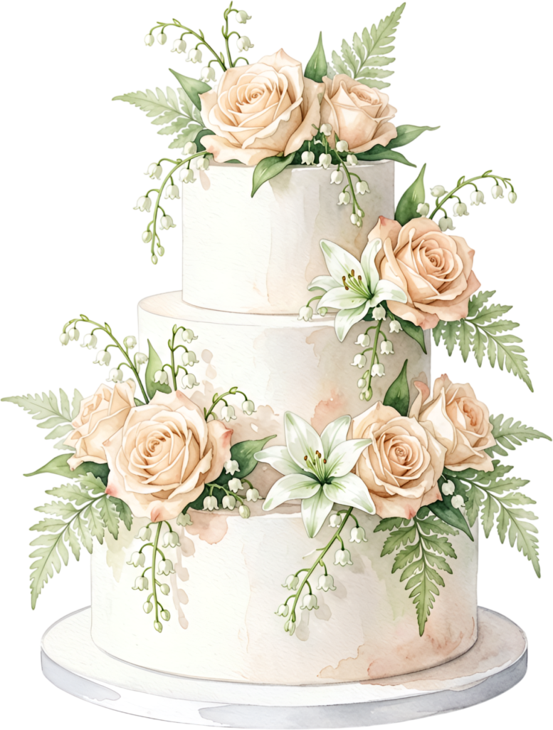 Garden floral cake, serene three-tier watercolor wedding cake PNG illustration, lily rose fern design