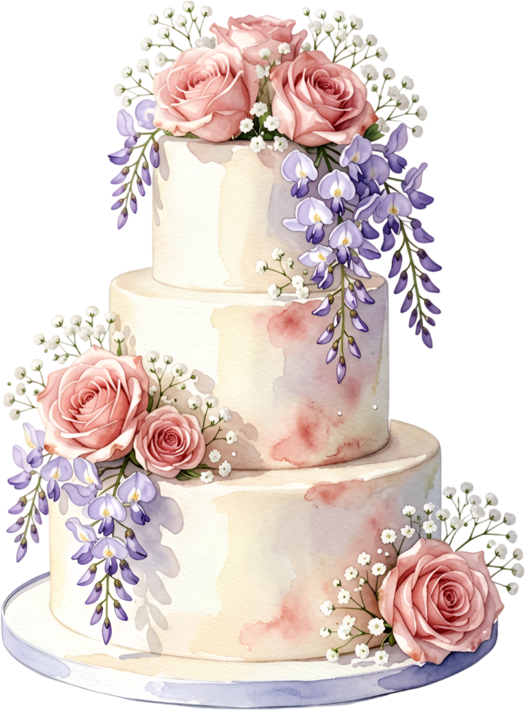 Wisteria draped cake, enchanting three-tier watercolor wedding cake PNG illustration, rose baby’s breath design