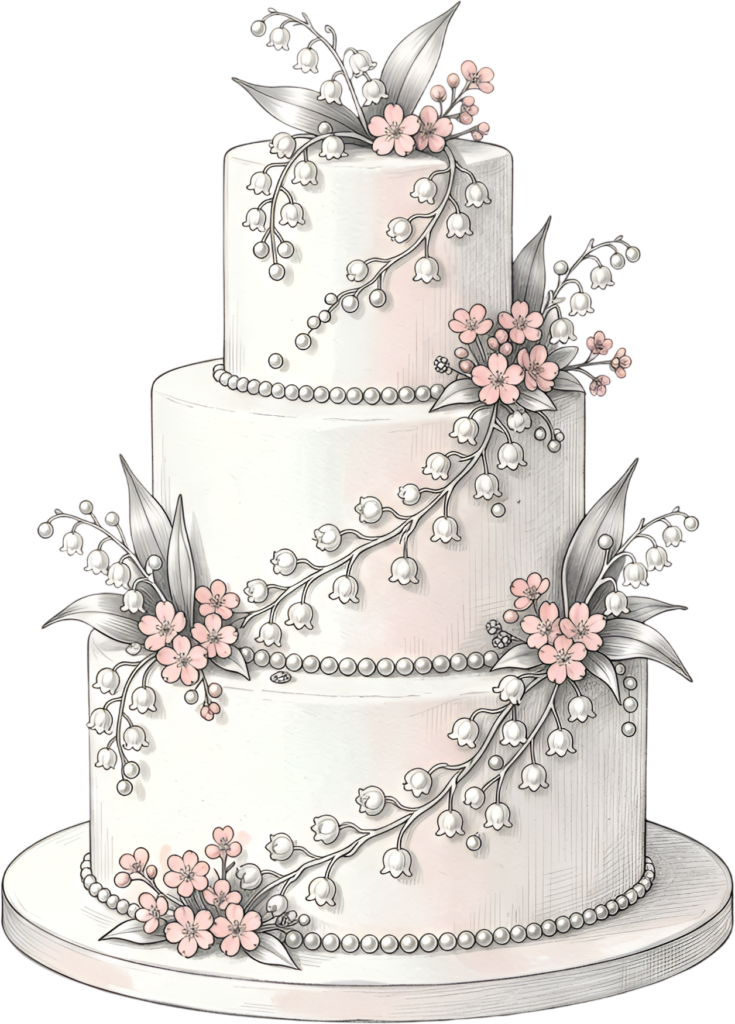 Lily of the valley cake, elegant three-tier watercolor-style wedding cake PNG illustration, delicate pink flower design