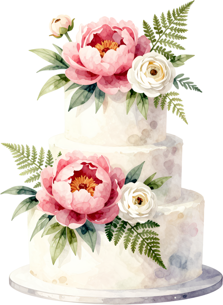 Peony floral cake, vibrant three-tier watercolor wedding cake PNG illustration, ranunculus fern design