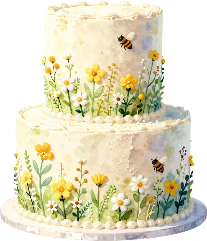 Wildflower bee cake, charming two-tier watercolor wedding cake PNG illustration, garden party design