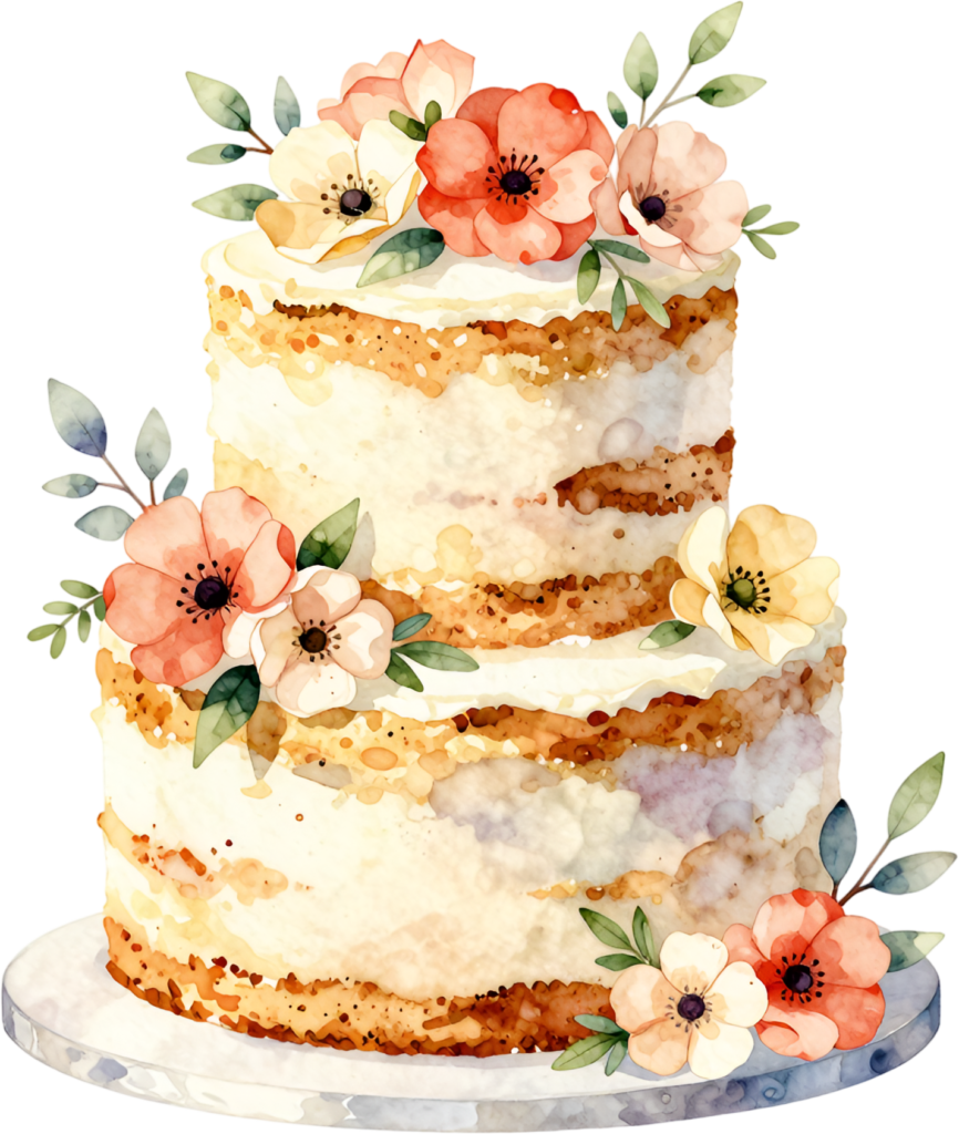 Naked poppy cake, rustic two-tier watercolor wedding cake PNG illustration, bohemian floral design