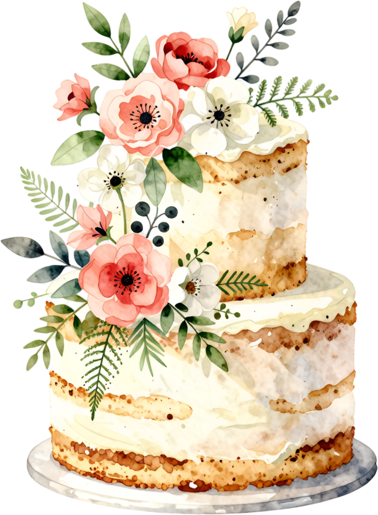 Floral naked cake, charming two-tier watercolor wedding cake PNG illustration, poppy fern design