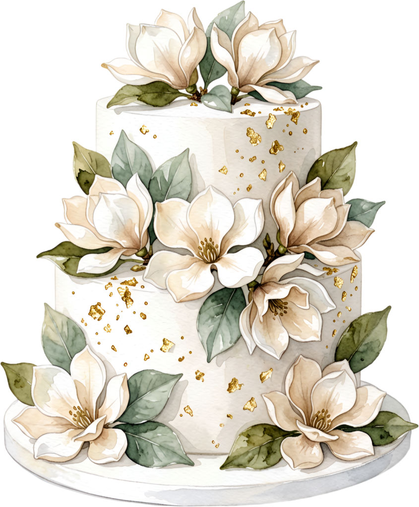 Magnolia gold cake, elegant three-tier watercolor wedding cake PNG illustration, white floral design