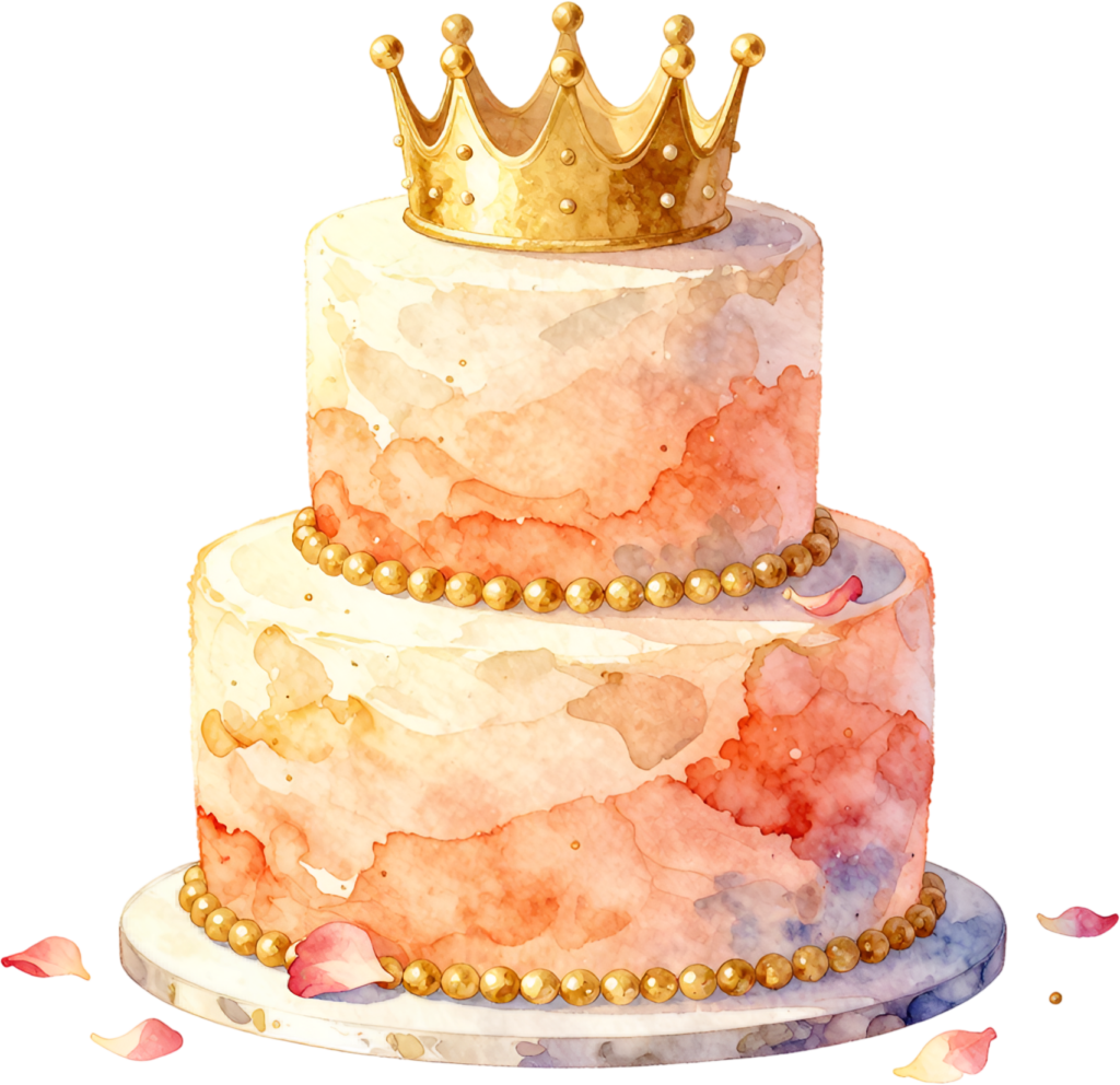 Crown tiered cake, royal two-tier watercolor wedding cake PNG illustration, gold pearl design