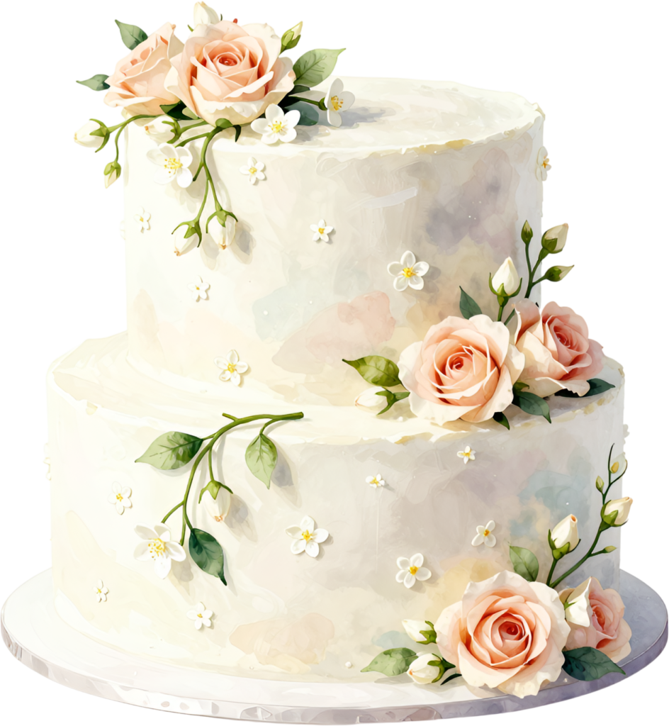 Rose bloom cake, romantic two-tier watercolor wedding cake PNG illustration, pastel floral design