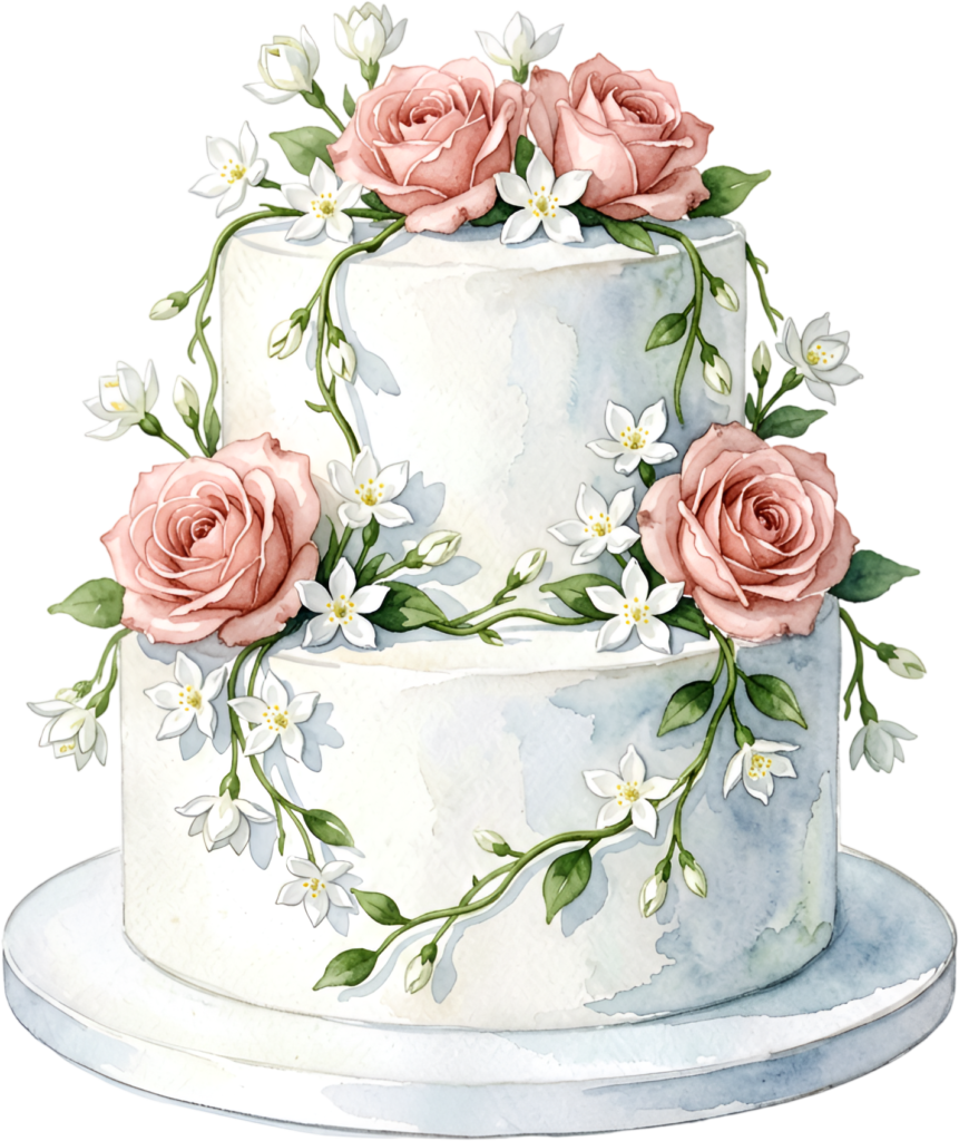 Rose vine cake, enchanting two-tier watercolor wedding cake PNG illustration, floral garland design