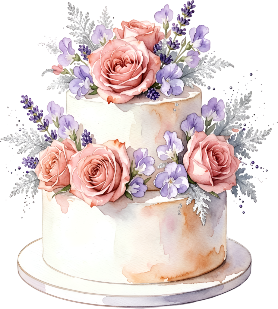 Lavender rose cake, elegant two-tier watercolor wedding cake PNG illustration, rustic floral design
