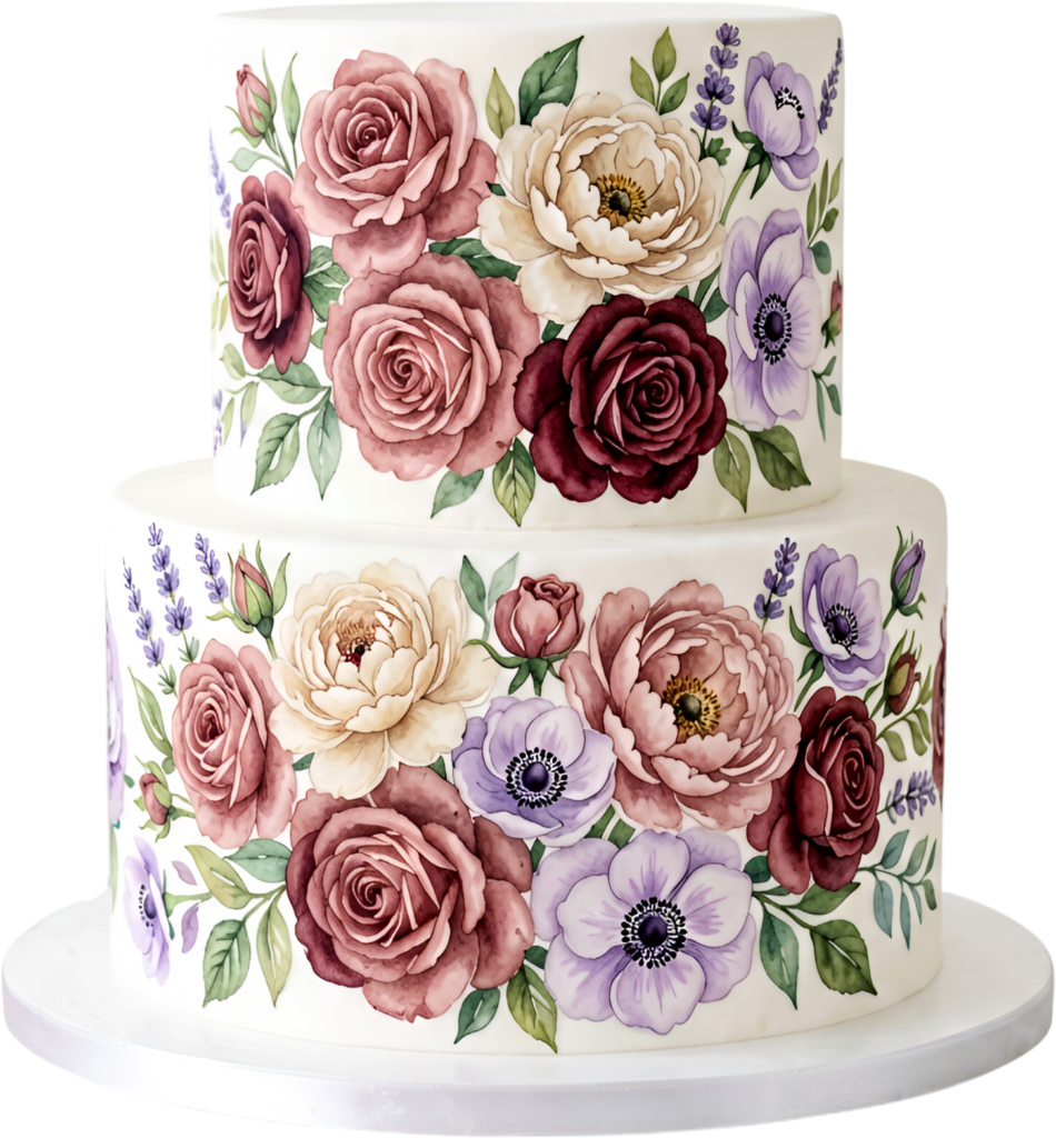 Patterned floral cake, exquisite two-tier watercolor wedding cake PNG illustration, vibrant bloom design