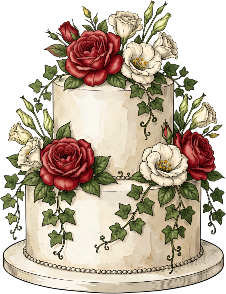 Ivy rose cake, classic two-tier watercolor wedding cake PNG illustration, rustic red white floral