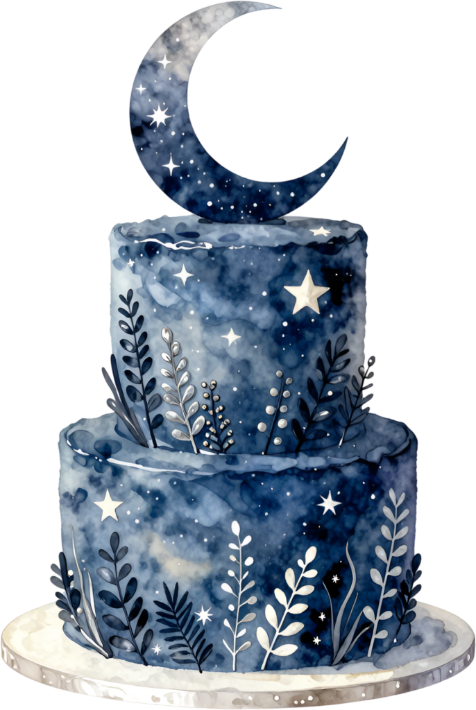 Celestial galaxy cake, magical two-tier watercolor wedding cake PNG illustration, starry night design
