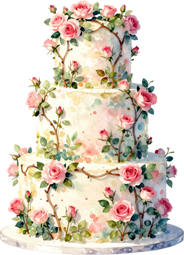 Climbing rose cake, romantic three-tier watercolor wedding cake PNG illustration, garden vine design