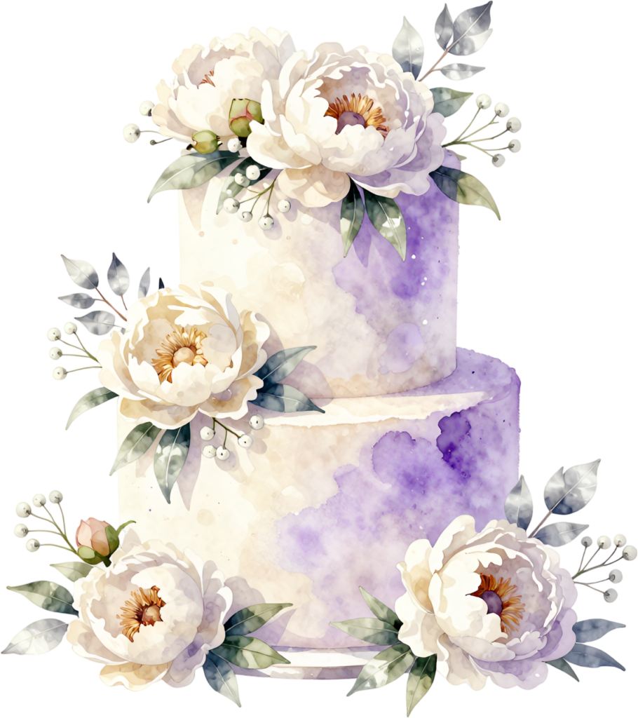 White peony cake, elegant two-tier watercolor wedding cake PNG illustration, purple accent design