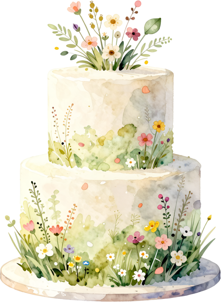 Meadow floral cake, charming two-tier watercolor wedding cake PNG illustration, spring garden design