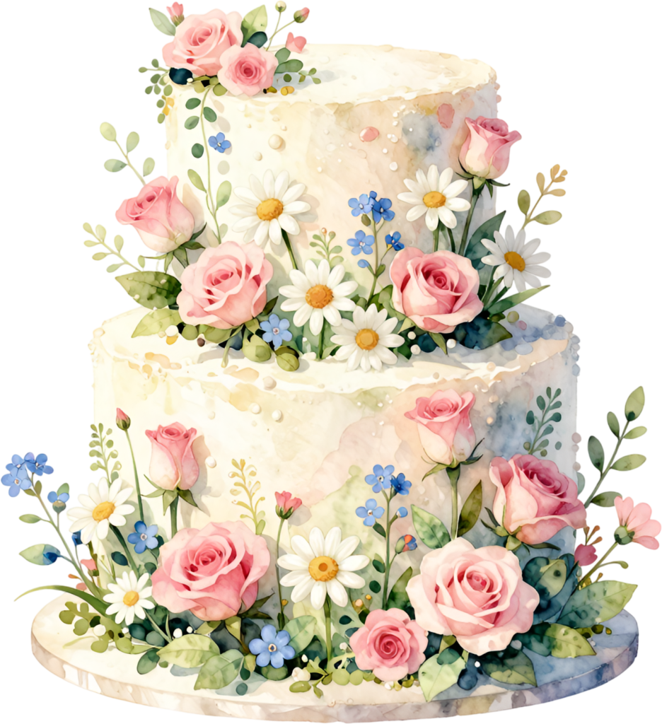 Daisy rose cake, delightful two-tier watercolor wedding cake PNG illustration, charming garden design
