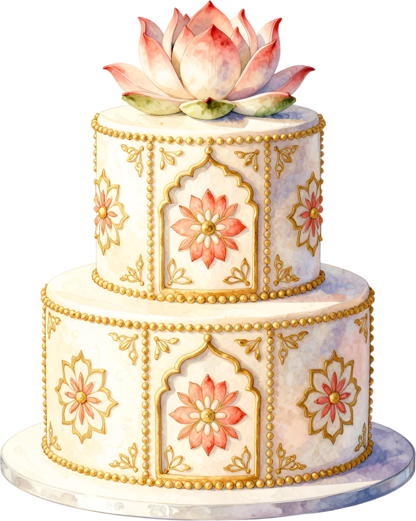 Indian lotus cake, ornate two-tier watercolor wedding cake PNG illustration, cultural celebration design