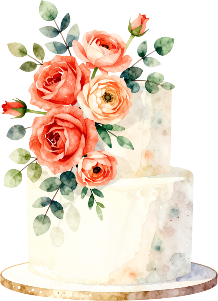 Square rose cake, modern two-tier watercolor wedding cake PNG illustration, vibrant floral design