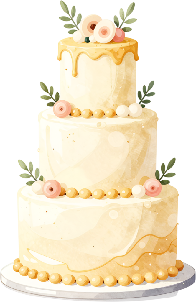 Honey drip cake, charming three-tier watercolor wedding cake PNG illustration, golden pearl design