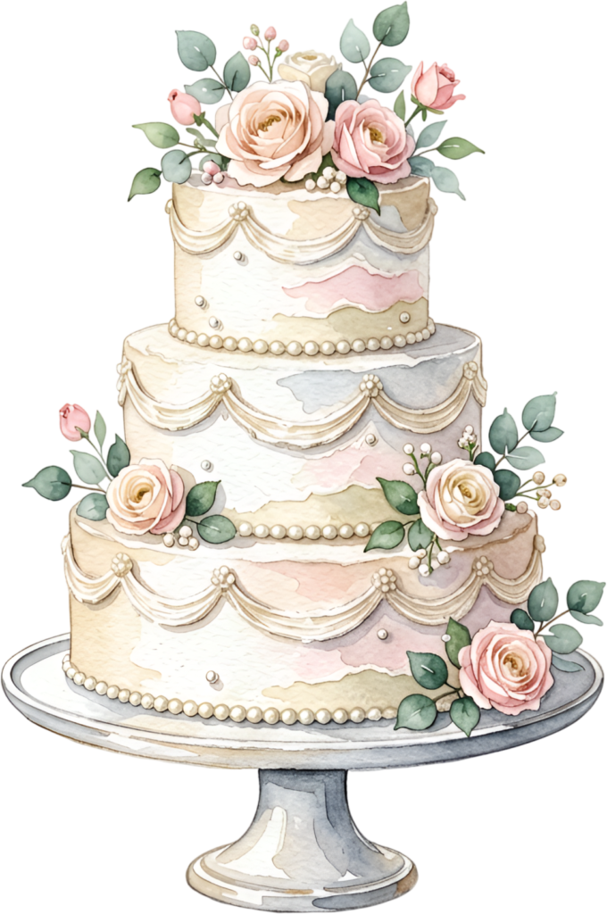 Pearl swag cake, elegant three-tier watercolor wedding cake PNG illustration, pink rose design