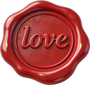 Polished red “love” script accenting a cheerful Wax Seals, PNG, Illustration graphic