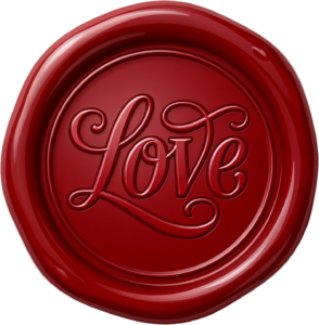 Ornate deep red “Love” calligraphy on a luxurious Wax Seals, PNG, Illustration impression
