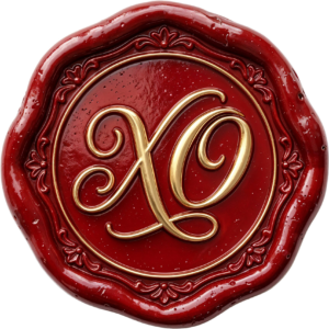 Ornate gold “XO” on a rustic deep red Wax Seals, PNG, Illustration with rich details