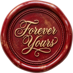 Golden “Forever Yours” on a textured red Wax Seals, PNG, Illustration with rope trim