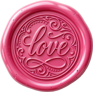 Ornate pink “love” script with swirl border on a dazzling Wax Seals, PNG, Illustration