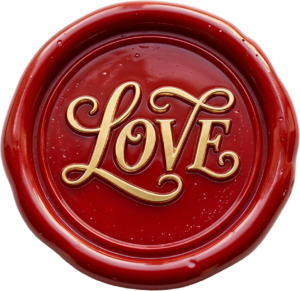 Prominent golden “Love” with flourishes on a sleek red Wax Seals, PNG, Illustration symbol