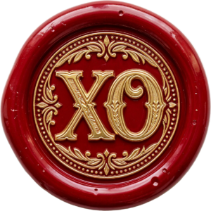 Rustic red “XO” with gold leaf border on an intricate Wax Seals, PNG, Illustration design