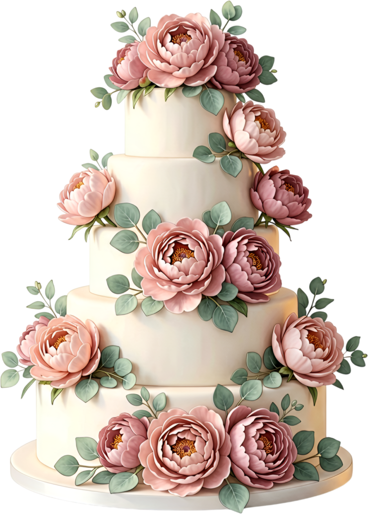 Peony Wedding Cake design, an elegant floral illustration for bridal events, a versatile PNG file