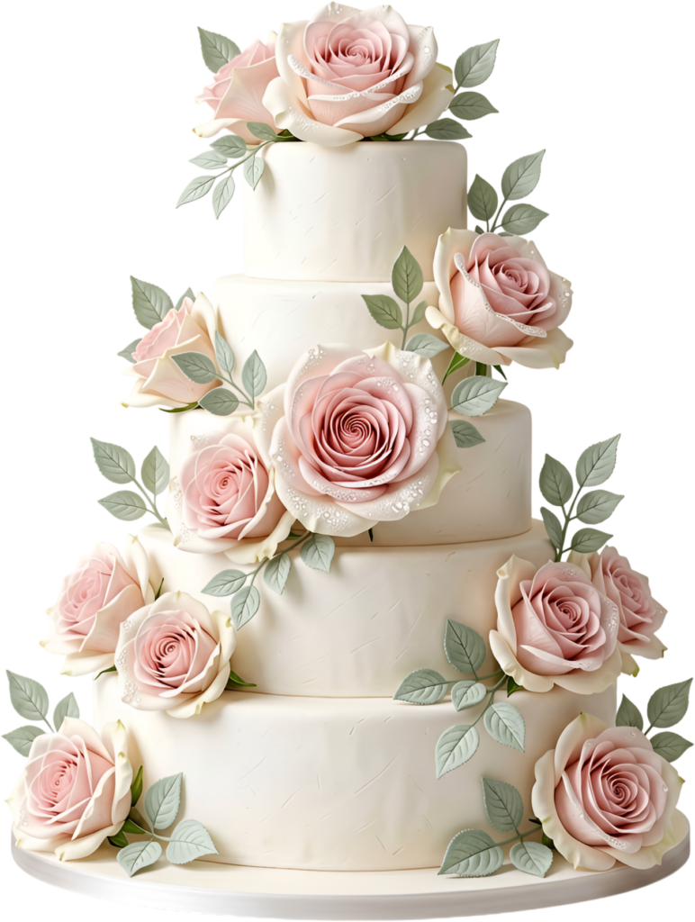 Exquisite Rose Wedding Cake illustration, a charming PNG for elegant bridal invitations and decor projects