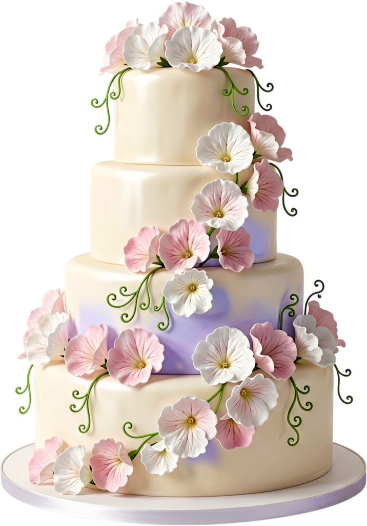 Capture attention with a vibrant Floral Wedding Cake illustration, featuring sweet pea details in PNG format