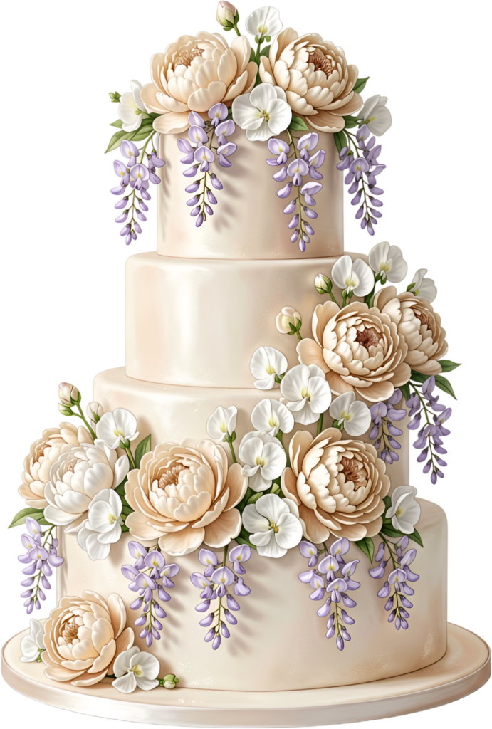 Embellish your designs using this Peony and Wisteria Wedding Cake PNG illustration, ideal for grand events