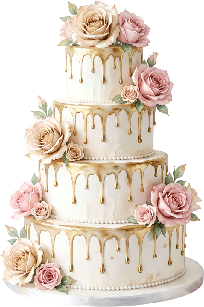 Discover this stunning Gold Drip Wedding Cake illustration, a luxurious PNG for opulent event branding