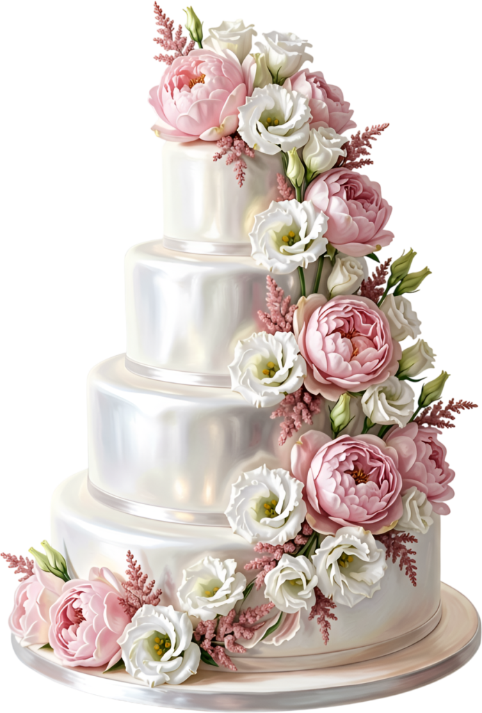 Elevate event visuals with this Pearlescent Wedding Cake illustration, showcasing peonies in a pretty PNG