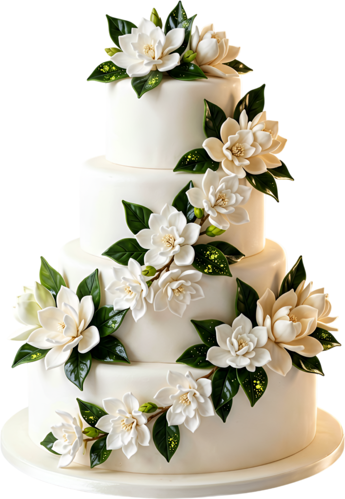 Showcase elegance with this Gardenia Wedding Cake illustration, a crisp white PNG for sophisticated themes