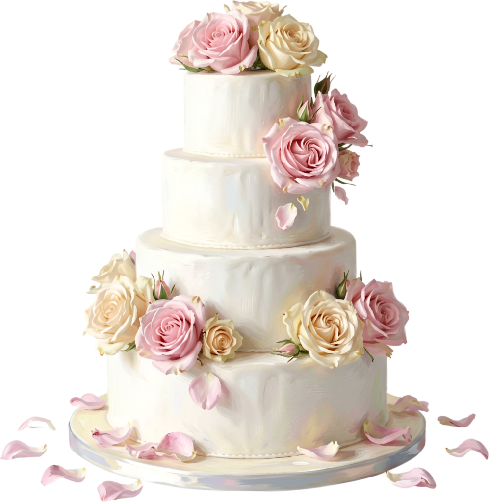 Design enchanting invitations with this Rose Petal Wedding Cake illustration, a charming PNG for romantic events