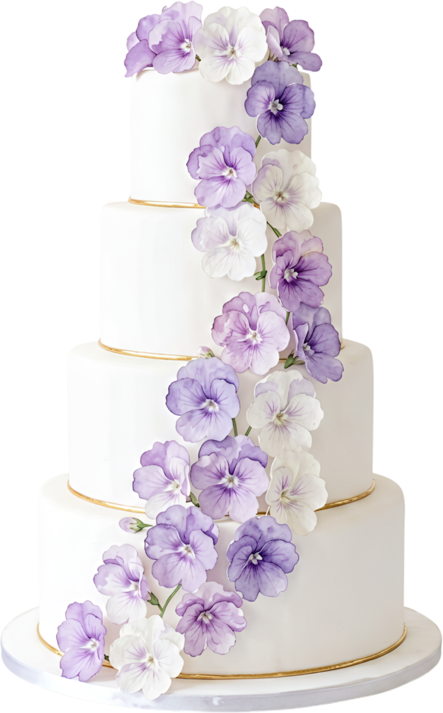 Create ethereal visuals using this Lavender Petunia Wedding Cake illustration, a delicate PNG for romantic settings
