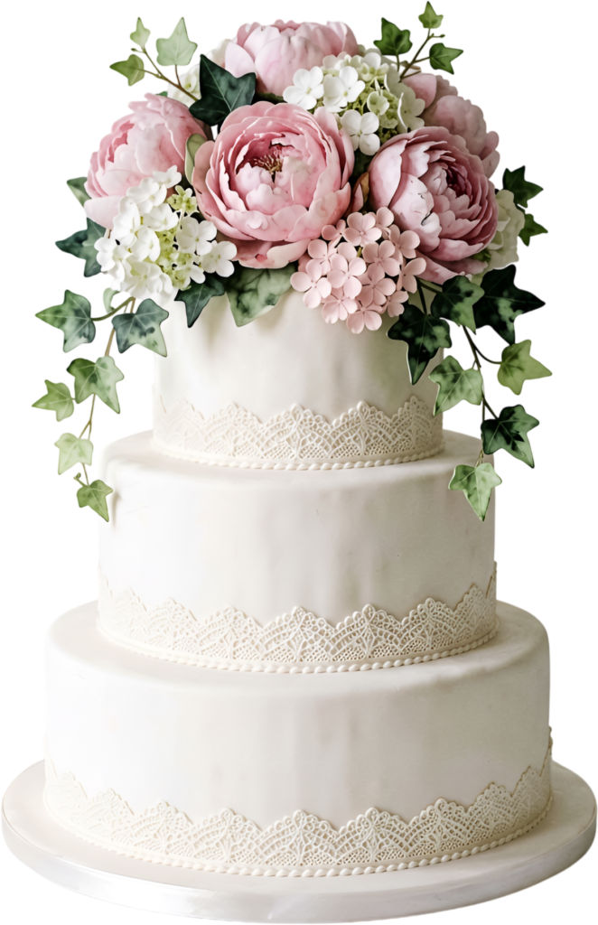 Design classic stationery with this Peony and Ivy Wedding Cake illustration, a timeless PNG for traditional themes