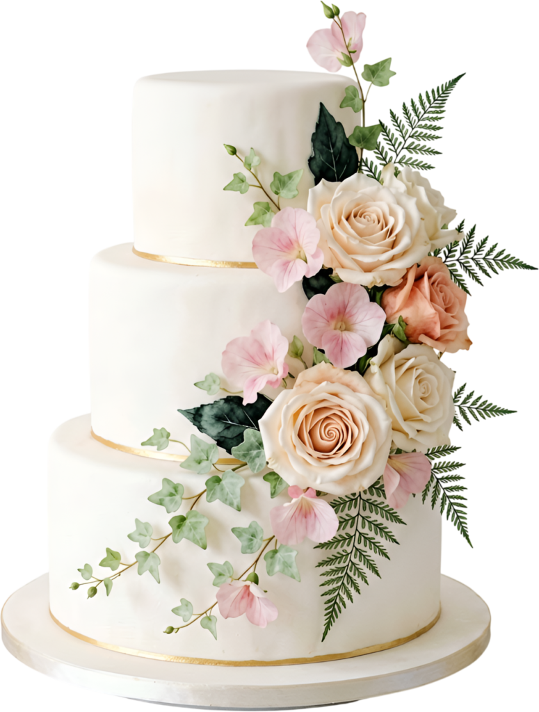 Incorporate elegance using this Blush Rose Wedding Cake illustration, adorned with ferns, available as a lovely PNG