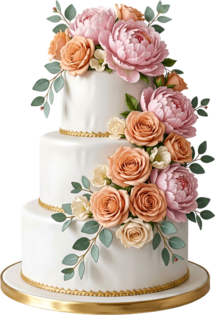 Bring charm to projects with this Cascading Floral Wedding Cake illustration, a festive PNG with golden accents